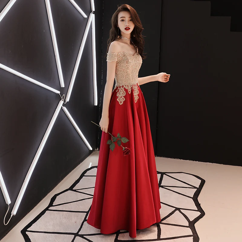 

Evening Dress 2019 New Spring Elegant Long Prom Dresses Off the Shoulder Appliques Crystal a Line Backless Party Dress