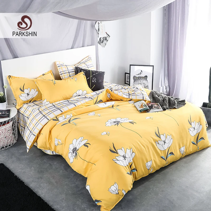 Parkshin Art Flower Bedding Set Yellow Duvet Cover Set Twin Full Queen King Bed Linen Active printing 4pcs Bedclothes