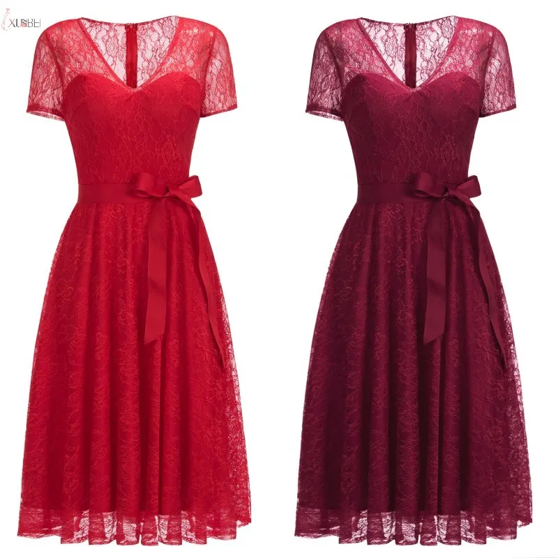 

2019 Sexy Elegant Burgundy Red Lace Short Bridesmaid Dresses Plus Size Wedding Party Dress robe demoiselle d'honneur