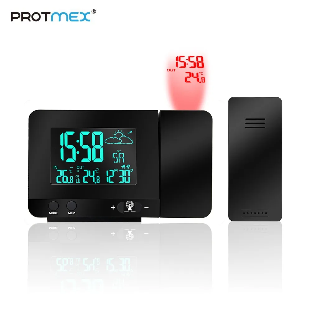 

Protmex Projection Alarm Clock, PT3531B DCF Digital Radio Controlled Projection Clock with Weather Station, Dual Alarms