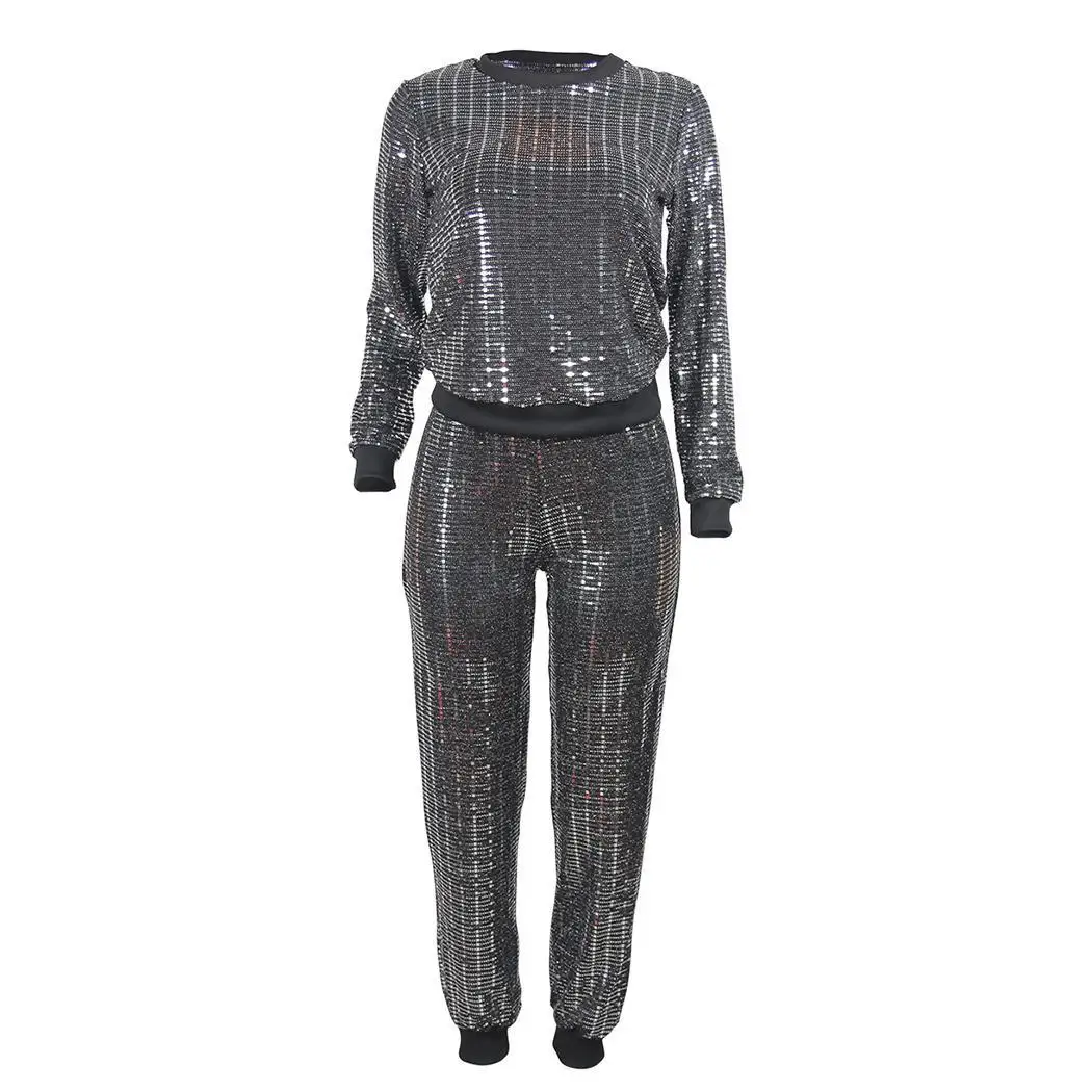 

New Fashion Women Casual O-neck Long Sleeve Sequin Regular Fit Blouse and Solid Regular Pants Suit