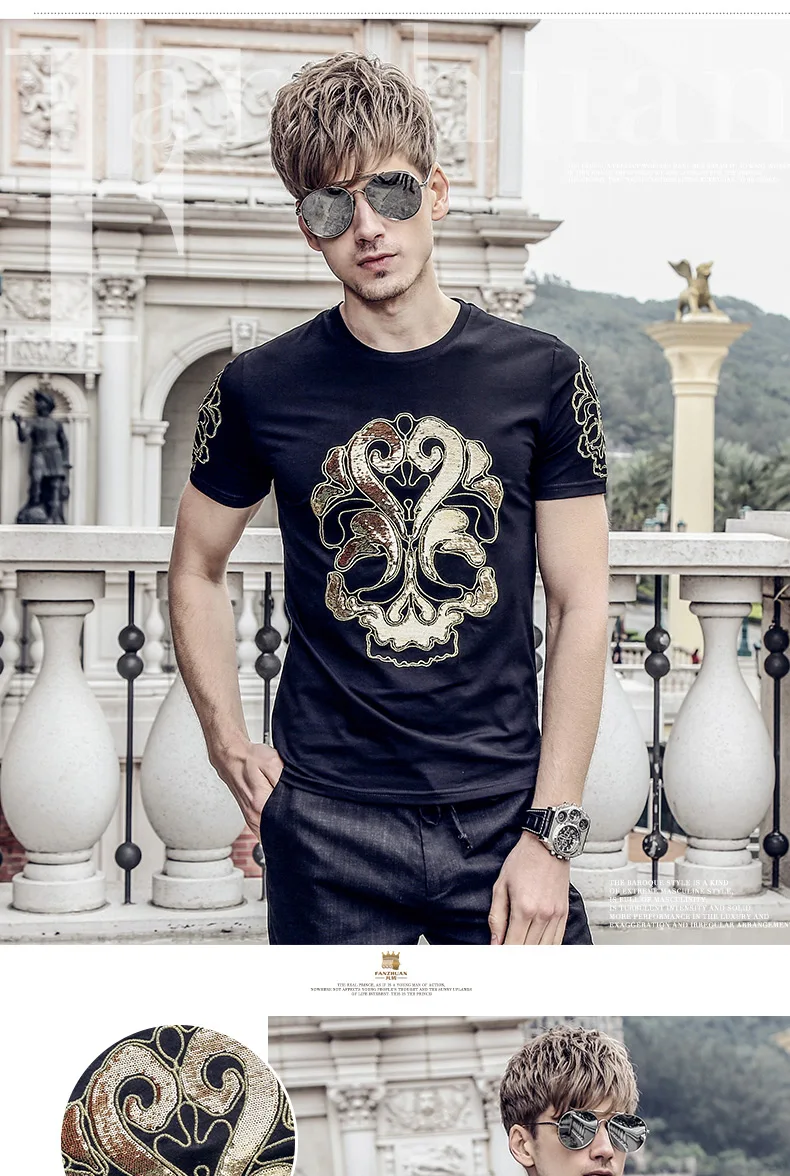 Fanzhuan Новая летняя Мужская Мужская модная повседневная тонкая футболка с коротким рукавом с вышивкой и бронзовым узором 715201