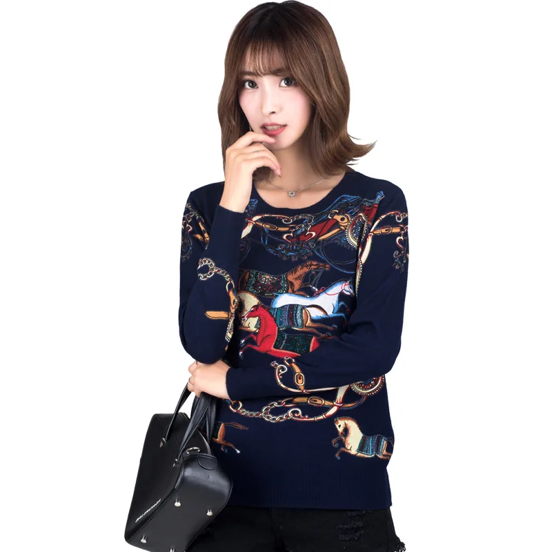 Winter Runway Sweater Women Luxury Brand Design Elegant Long-sleeve Loose Printed Sweater Knitted Pullovers Tops Feminino New