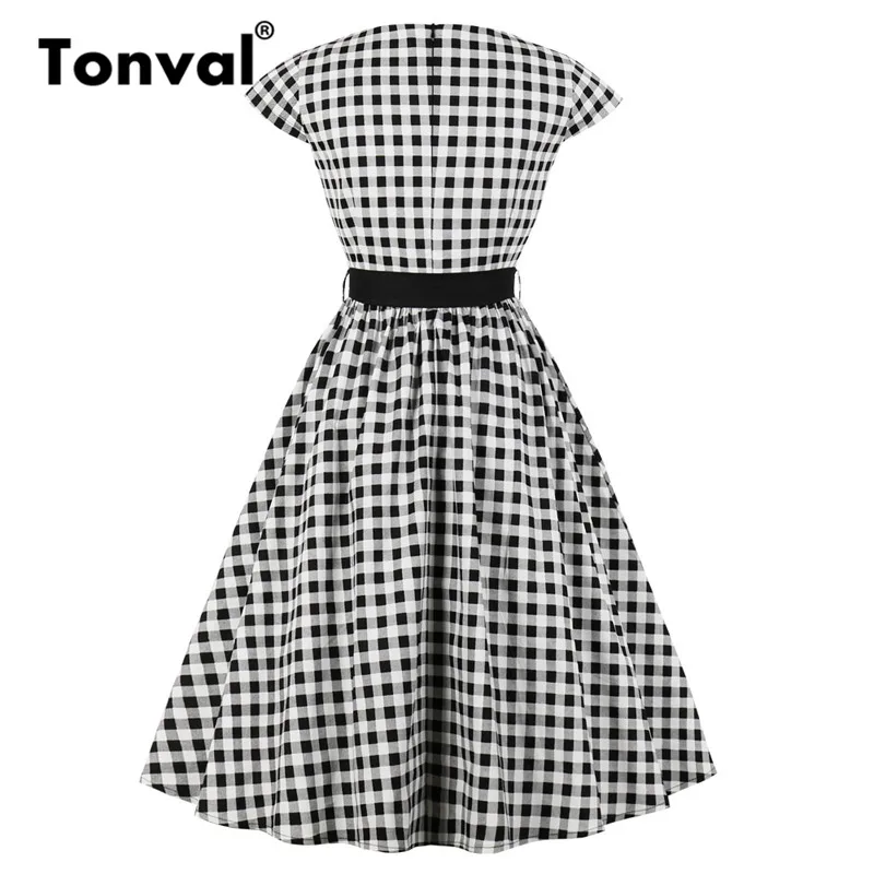 Tonval ретро рокабилли клетчатое платье-туника женское с коротким рукавом 50 S винтажное платье в мелкую клетку летнее хлопковое элегантное платье с поясом