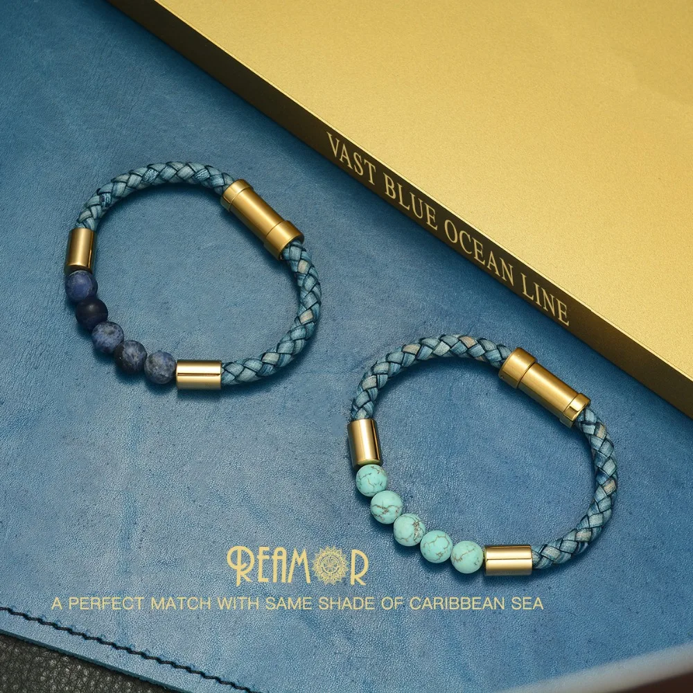 REAMOR Sea Серия синий-вены натуральный камень ретро плетеный кожаный браслет с подвесками Мужской позолоченный браслет с застежкой из нержавеющей стали