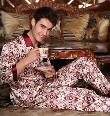 mens satin pajama set Men's Long Sleeve Silk Homewear Male Spring Summer Long Sleeves Pyjamas Lapel Handsome Luxurious Silk Nightwear 2pcs D-2183 soft cotton pyjamas Pajama Sets