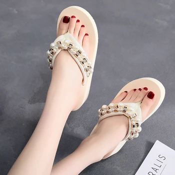 

2019 New Fashion Sandals Luxury Pearl Slippers High-heel non-skid Platform Women Flip Flops Metal Decorative Beach Lady Sandals