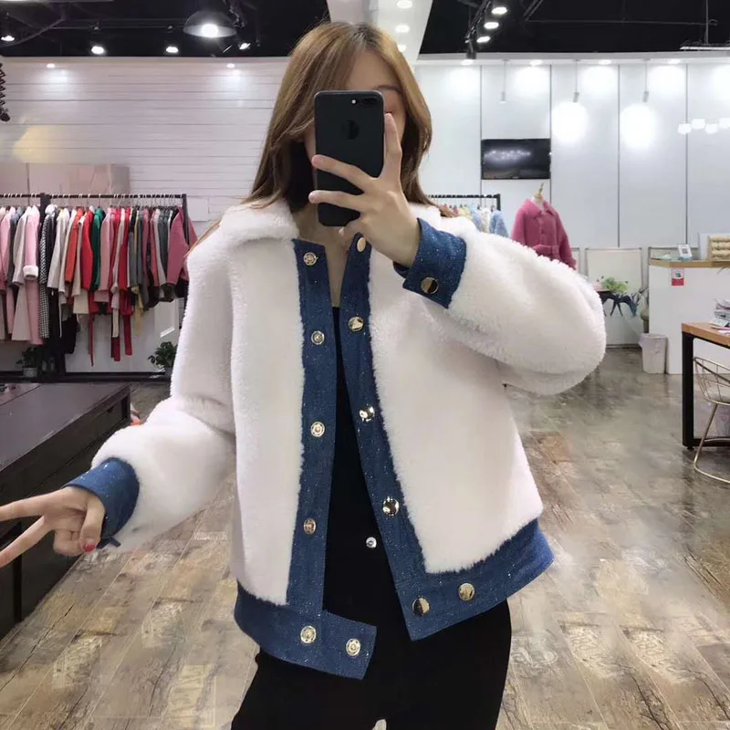 

real price coat winter women 2019 new fashion jacket sheep fur pattern letter Jean jacket short style genuine wool fur coats