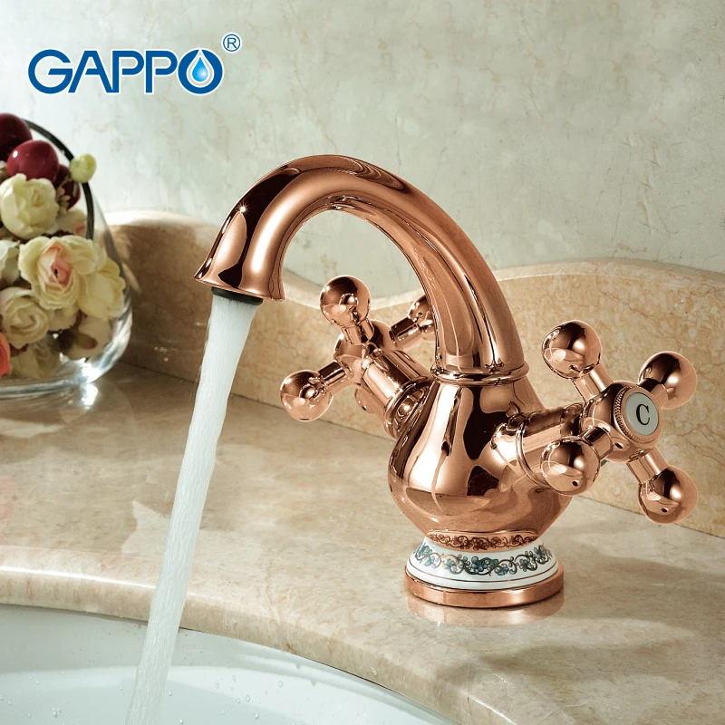 

GAPPO 1set High quality Basin sink Faucet restroom sink mixer tap Ceramic Pattern Decoration Double Handle Rose Gold G1065-3