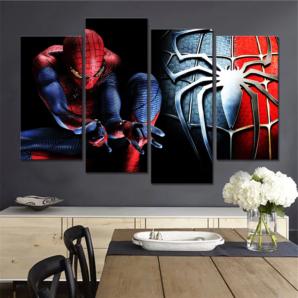 

HD Printed Modern Canvas Painting Wall Art Living Room 4 Panel Spider Man Movie Modular Poster Framework Pictures Home Decor