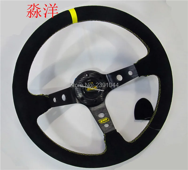 

Free Shipping racing 14" OMP Steering Wheel OMP Suede Leather Steering Wheel Deep Dish Racing Sport Steering Wheel yellow line