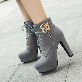 

Women Martin Boots Flock Platform High Heels Ankle Boots Side Zipper Autumn Winter Fashion Woman Shoes 2018 Yellow Black Gray
