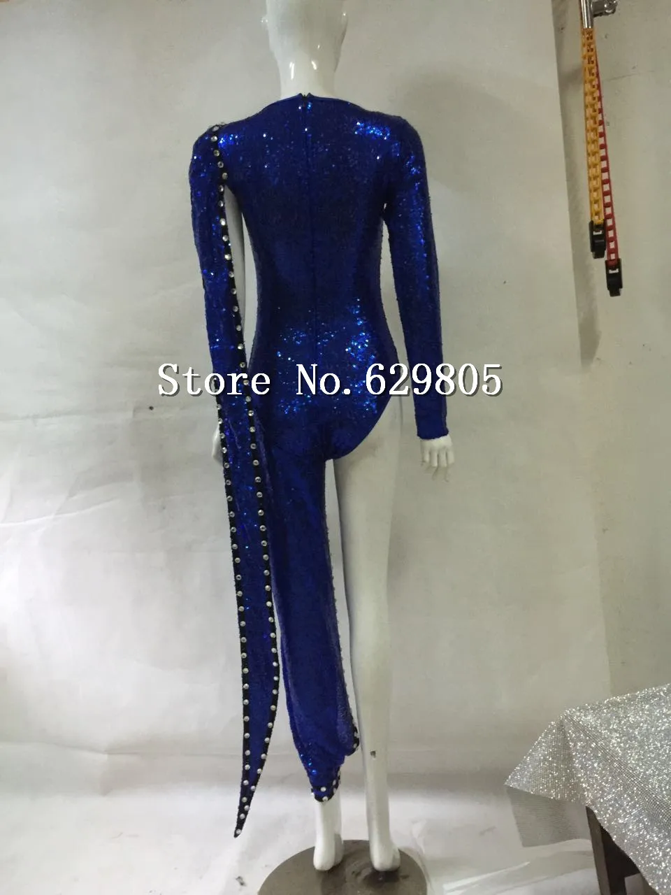 Blue Sequins Bodysuit Sexy One leg Beads Outfit Dance ClubWear Party Wear Costume Stage Celebrate Women's Dance Leotard cut out bodysuit