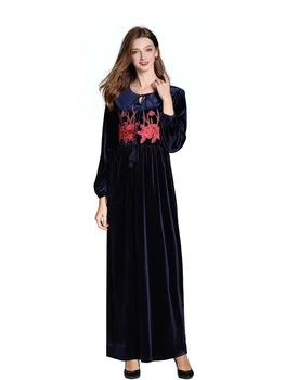 

2019 fashion new Muslim maxi dress embroidered golden velvet long dress ethnic style robe