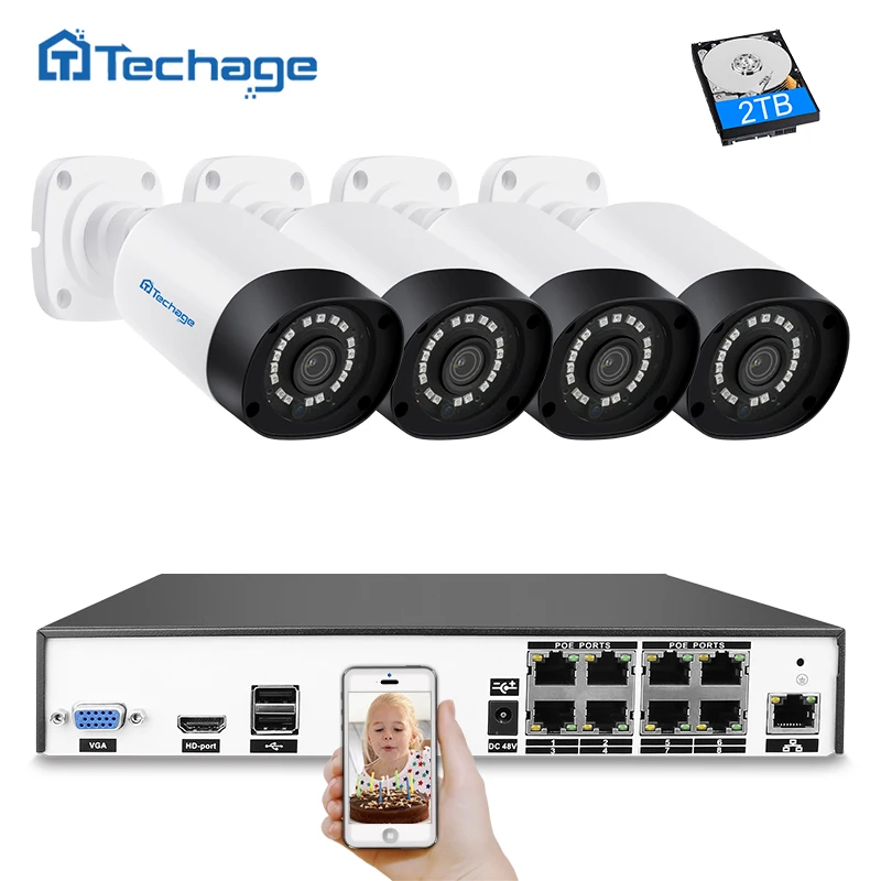 Beste Techage H.265 8CH 4MP Cctv systeem POE NVR Kit 4 stks Outdoor Waterdichte 4MP Beveiliging IP Camera P2P Video Surveillance systeem Set