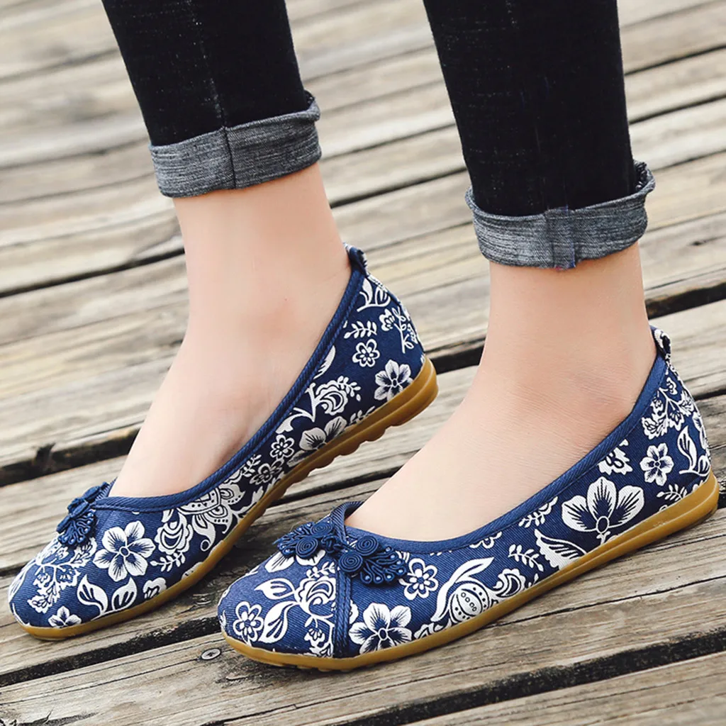 

2019 Women Ladies flat Floral Round Toe Flat Loafers Casual Canvas Shoes#G6