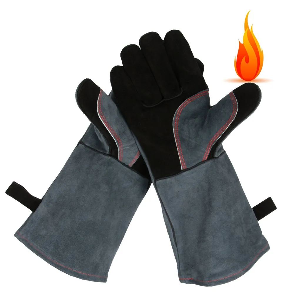Leather Oven Grill BBQ Gloves, Extreme Heat Resistant Cooking Baking