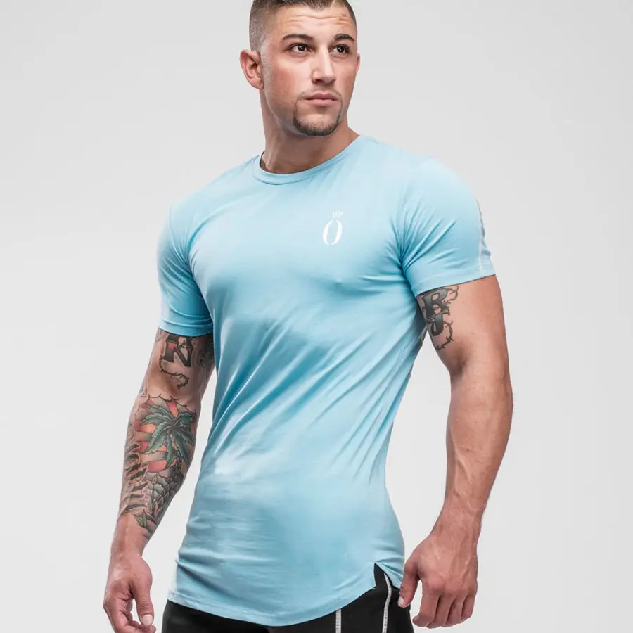 Мужская футболка для бега, бега, фитнеса, тренировок, обтягивающая футболка, бодибилдинг, спортивные эластичные футболки, топы, брендовая одежда - Цвет: Light blue