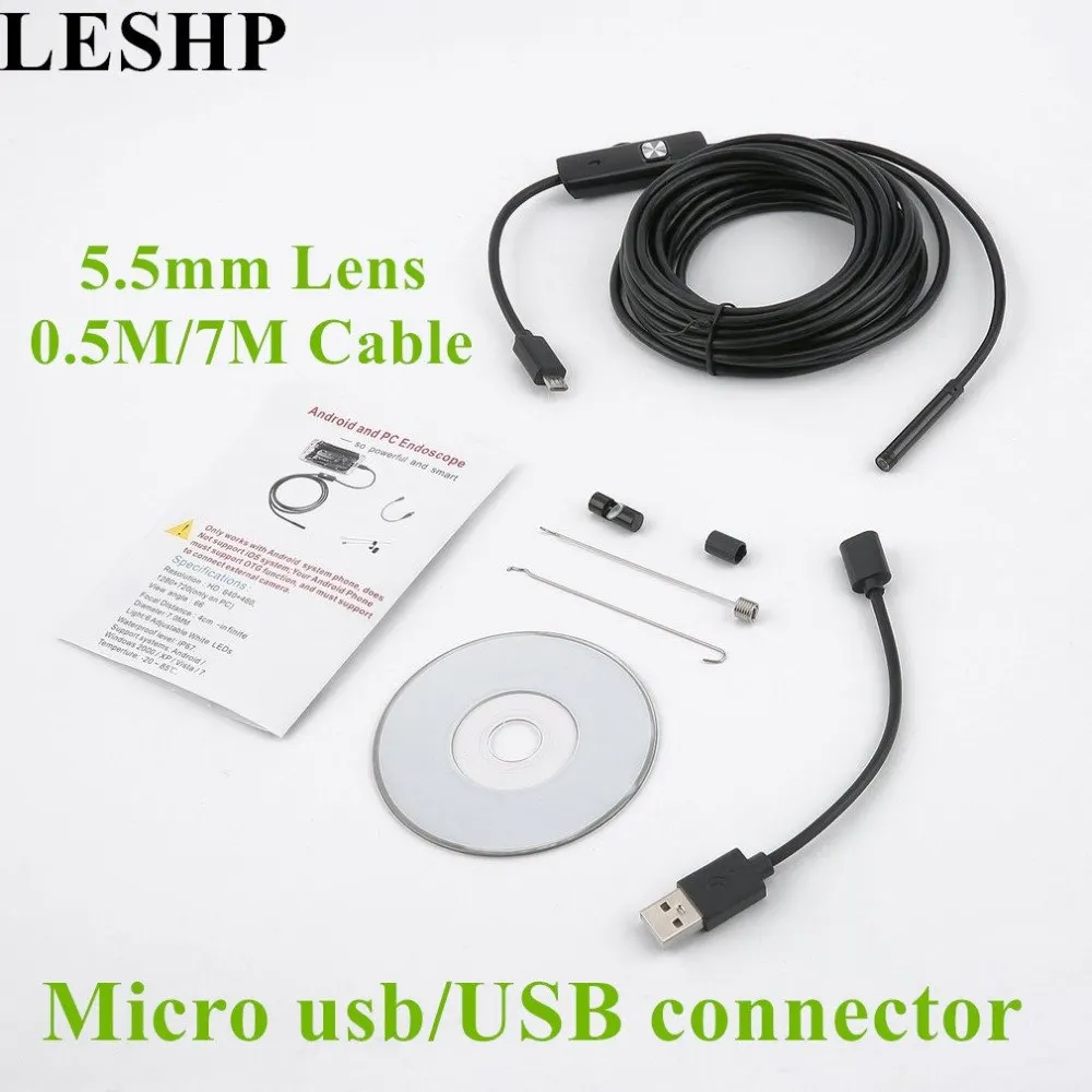 

LESHP 5.5mm 0.5M/7M Endoscope Waterproof Inspection Borescope with 6 LEDs Focus Camera Lens USB Endoscope for Android PC