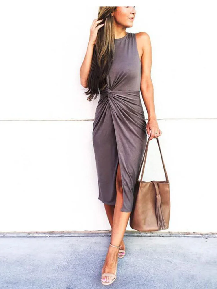 

New Brief Designer Women summer office Dress Sleeveless Twist Knot Lace Up Split Long Dress O-neck Bandage Dresses