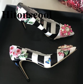 

Party Pumps Wedding Shoes Fashion Women Floral Stripe High Heels Patchwork Pointed Toe Stilettos Bridal Crystal Pumps