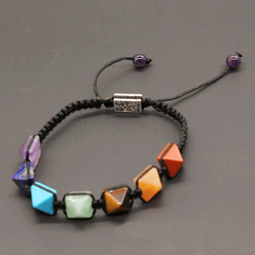 

Kraft-beads Silver Plated OM 3D Symbol Connect Square Pyramid 7 Colors Stone Healing Chakra Balancing Bracelet