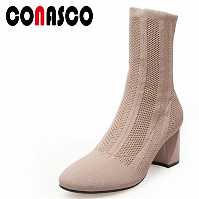 

CONASCO Fashion Women Mid-Calf Boots Autumn Winter Warm High Heels Shoes Woman Round Toe Casual Quality Slip-On Stretch Boots