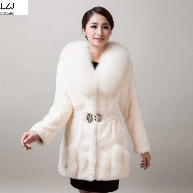 

LZJ brand 2017 new long winter jacket lady coat thick bagels natural leather fox fur collar rex rabbit coat coat penisia size