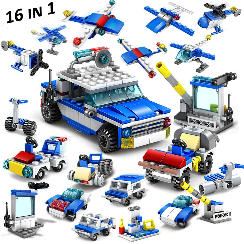 

84031kaizhi Diy Building Blocks Educational Toys for Children 1to2 16in 1 tank Fire engine Engineering vehicles puzzle blocks