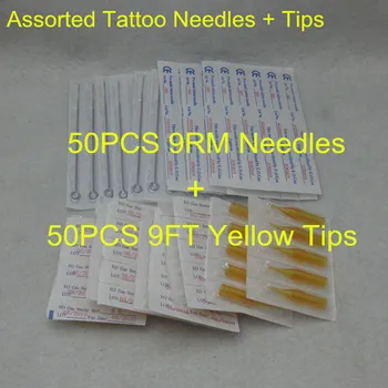 

50PCS 9RM Sterile Round Magnum Tattoo Needle + 50PCS 9FT Yellow Disposable Tattoo Flat Magnum Tips Supply RLYT-9RMFT#
