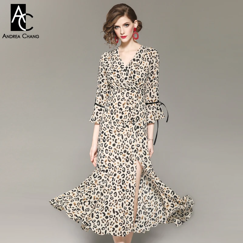 

summer spring woman dress flare sleeve v-neck leopard pattern print dress side split bottom fashion sexy vintage beige XXL dress