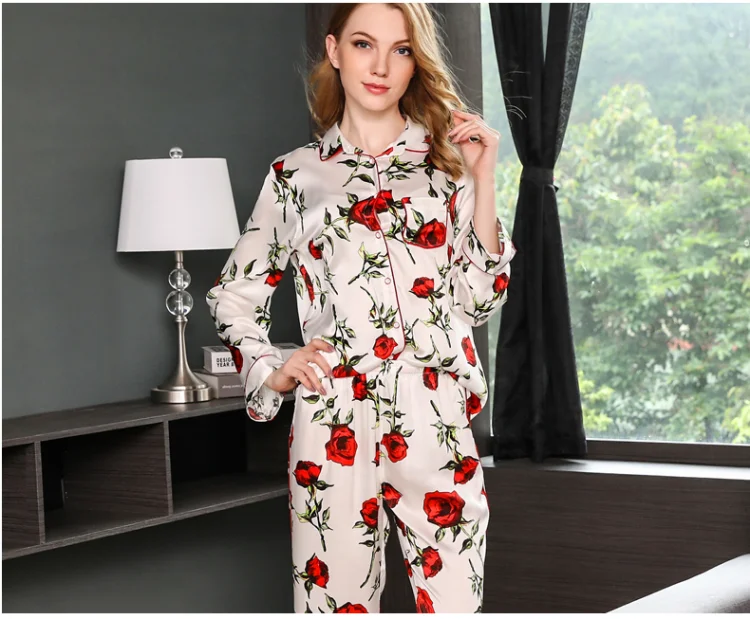 Pijama Feminino 100% шелк пижамные комплекты Для женщин Сексуальная пятно пижамный комплект из двух частей шелк пижамы топ и брюки Домашняя одежда