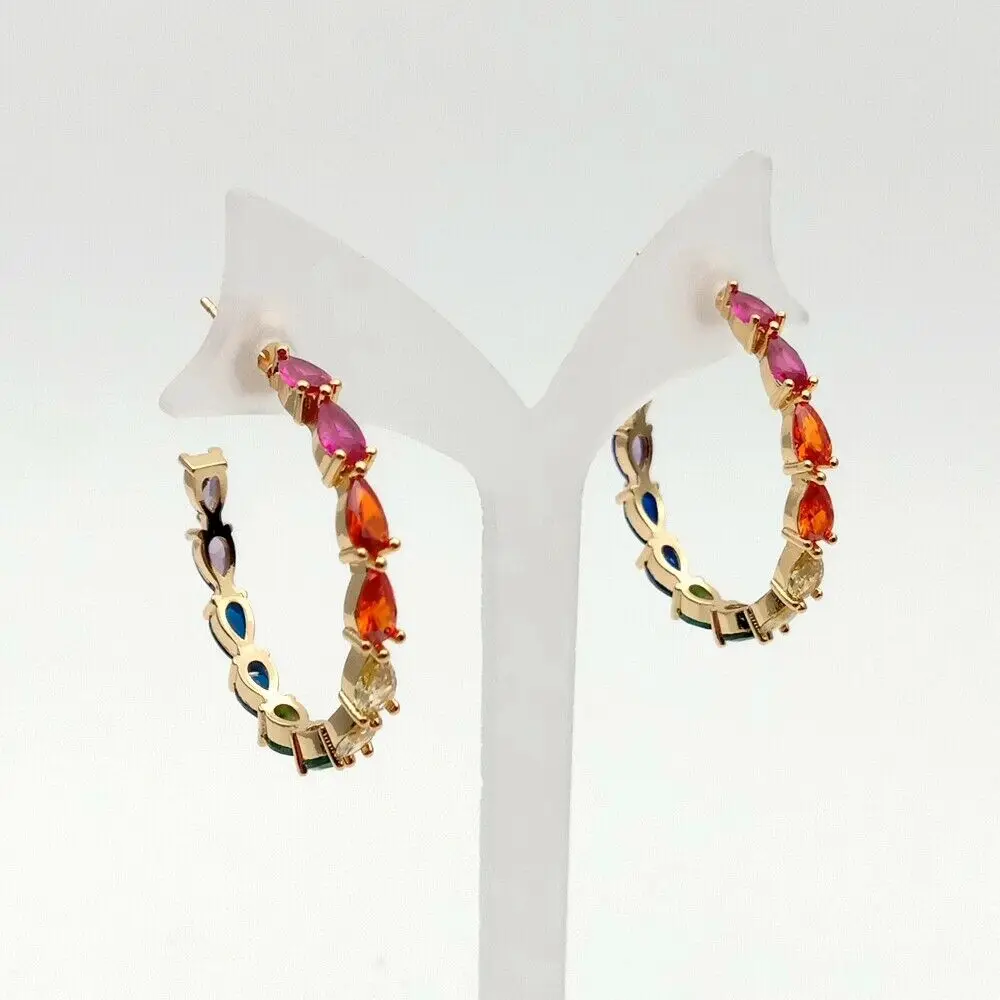 

Golden filled rainbow colorful cubic zirconia circle hoops luxury fashion earring