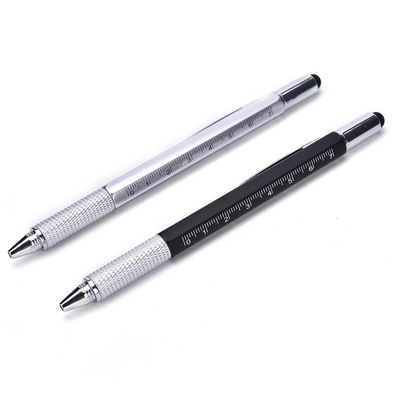 1PC 6 In 1 Touch Ballpoint Stylus Pen With Spirit Level Ruler Screwdriver Tool Office School Supplies Random Color