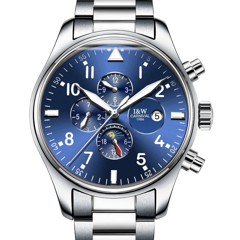 Карнавальные мужские часы с большим синим циферблатом, несколько календарей, светящийся указатель, водонепроницаемые автоматические механические часы, люксовый бренд, relogio - Цвет: Silver Steel Blue