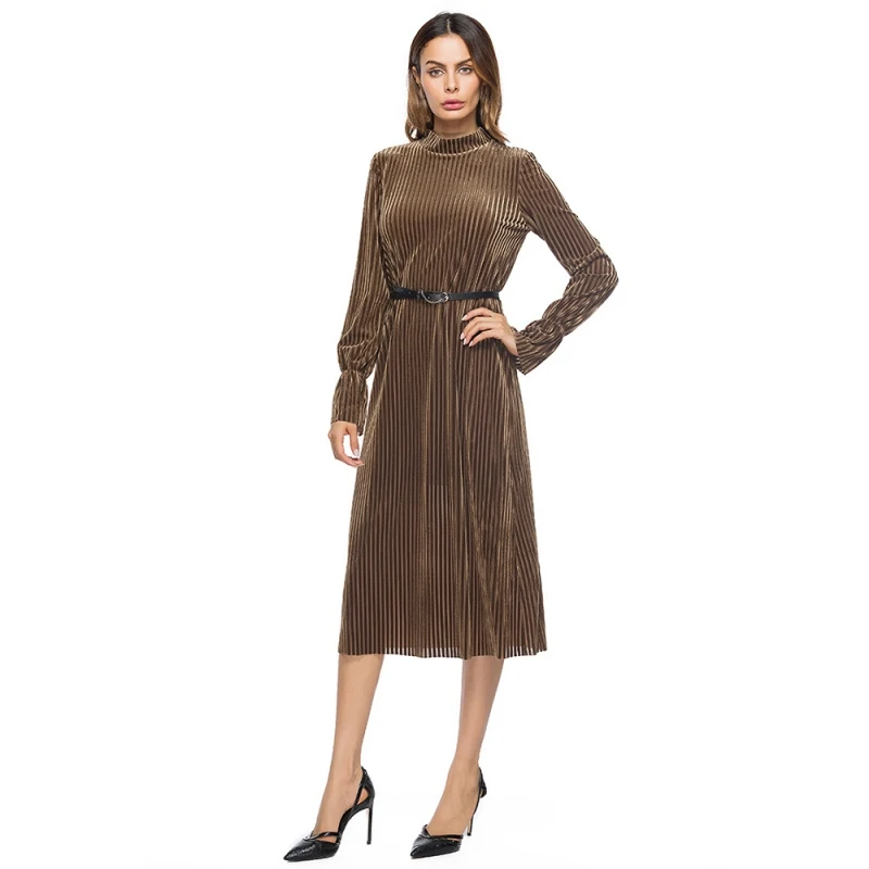 

Women Dresses Striped Long-sleeved Hedging Collar Velvet Dress Black/Brown Color Y5