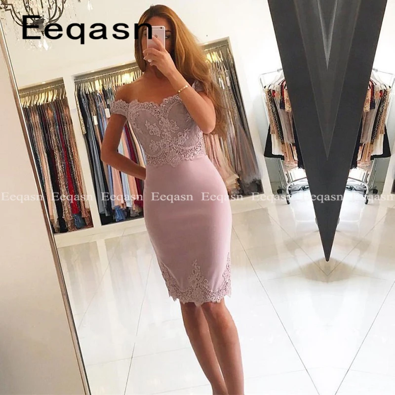 Knee Length Cocktail Dress With Short Sleeves Lace Applique Dusty Pink Party Wear Gowns Women Homecoming Dress