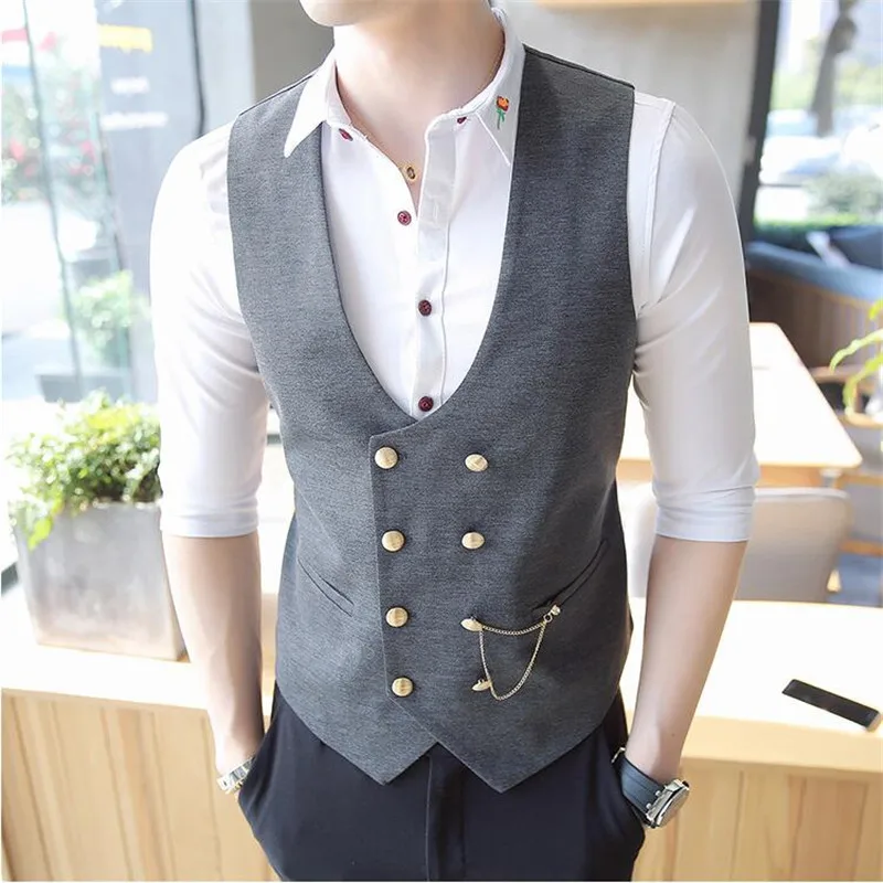 

2019 New Men Double-Breasted Vest Men Designer Slim Sleeveless Dress Suit Vest Gray Black Fashion Men Business Casual Suit Vest