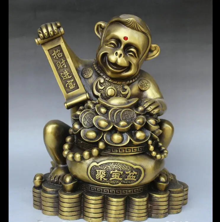 

wan67106005+++11" China Folk Feng Shui Copper Zodiac Year Monkey Treasure Bowl Wealth Statue