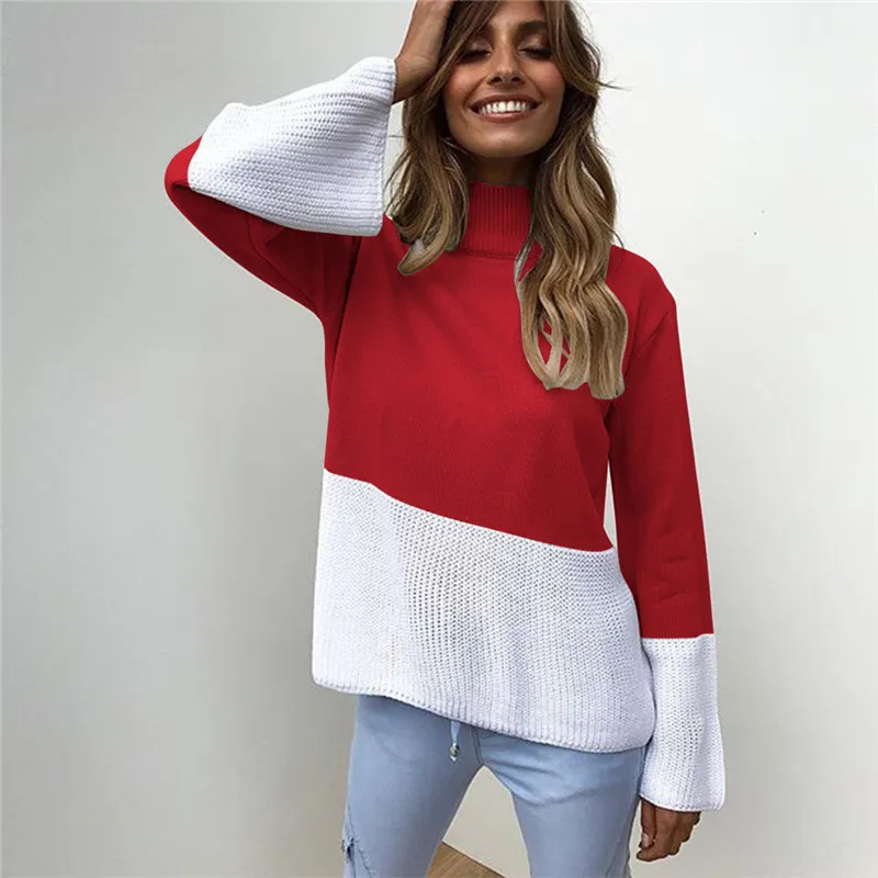 

Turtleneck Sweater Autumn Winter Pullover Knitted Jumper Female Patchwork Loose Pullovers For Lady 2018 Sweater Pullover Femme