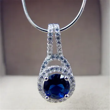 

Necklace Pendants For Women Luxury Fine Sterling Silver Jewelry Blue/White Round Cubic Zirconia Stone Pendant Bijoux No Chain
