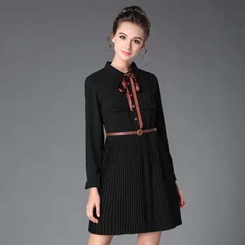 

2017Autumn Fashion Ladies pleated dress turn down collar pinched waist Cultivating elegant Dress casual Vestido plus size XXXXXL
