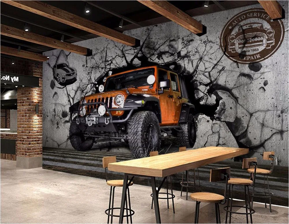 Custom Mural 3D Wallpaper Gambar Mobil Eropa Rusak Dinding 