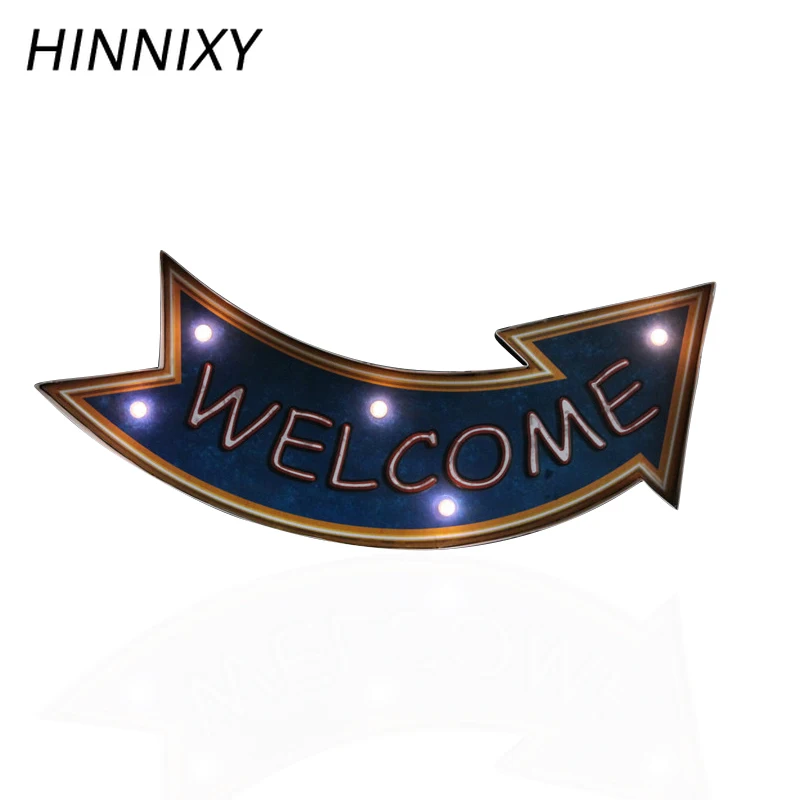 

Hinnixy Indicator Night Light Welcome Arrow Vintage Iron Art LED Wall Signs lamp For Coffee Bar Pub Hall Party Home Decoration