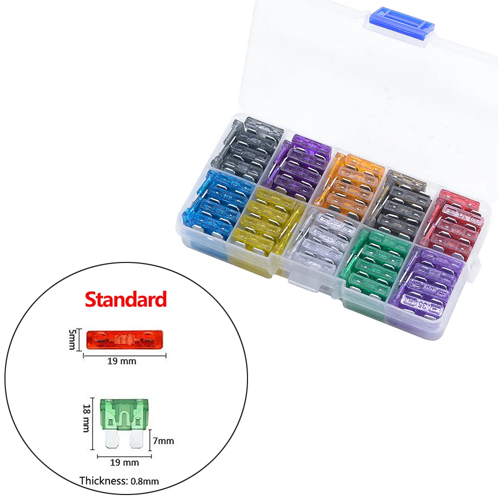 100pcs/lot Car Auto Medium Size Standard Blade Fuse Box Plastic Box Assortment with 2A 3A 5A 7.5A 10A 15A 20A 25A 30A 35A Fuses