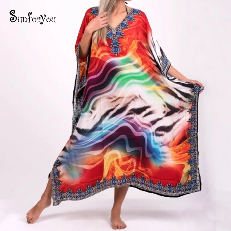 

Plus size Bohemian Maxi Dress Print Cotton Beach tunic 2019 Robe de Plage Sarong V neck Loose Batwing Sleeve Summer Women Dress