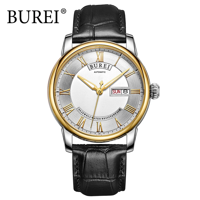 BUREI Tourbillon Automatic Watch Men Analog Waterproof Genuine Leather Strap Gents Business Wristwatch Male Clock Relojes Hombre