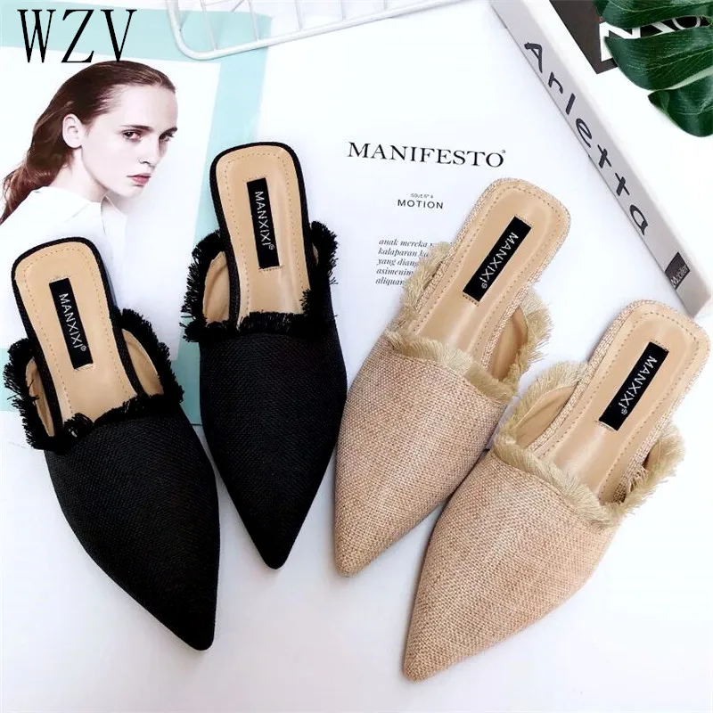 

2019 New Spring Summer Women Slippers Flip Flop Hemp Weave Pointed Toe Flat shoes Tassel Mules Shoes Woman Summer Slides H316