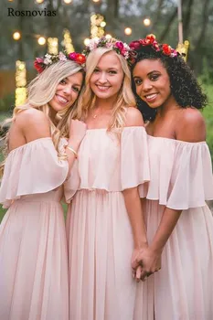 

Off Shoulder Bridesmaids Dresses Backless Sweep Train Long Wedding Guest Gowns Garden Beach Chiffon Bridesmaid Dresses 2019