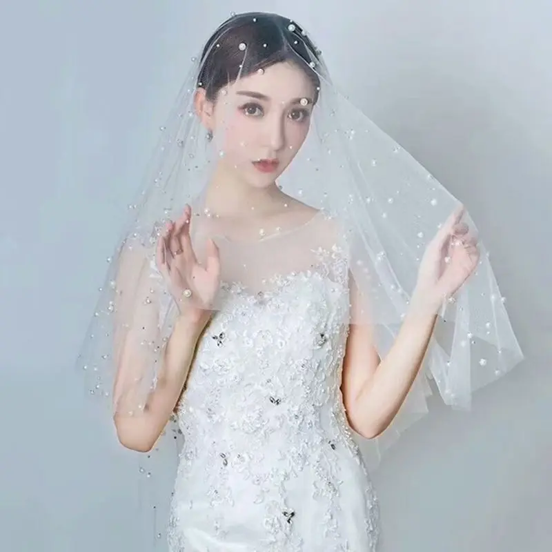 

1.5 m Wedding Dress Accessories Elegant Bride Veil White Full Handmade Artificial Pearl Women Veils Single Layer
